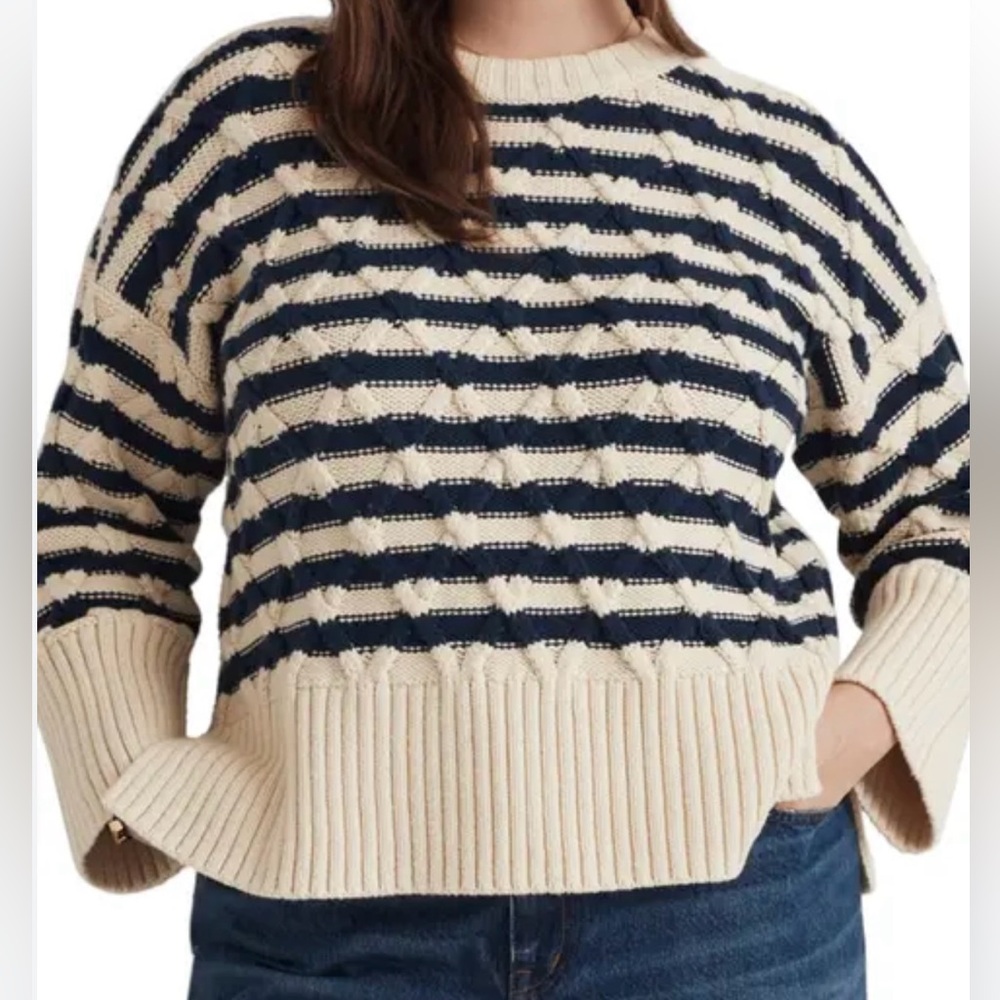 Madewell Blue and Cream Crew Neck Sweater with Nautical Stripes